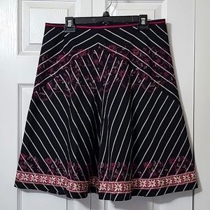 Black Skirt White Stripes & Pink Floral Embroidery, size 12 petite, EUC